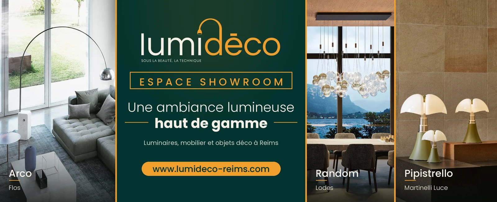Showroom Lumidéco : luminaires Flos Arco, Lodes Random et Martinelli Luce Pipistrello